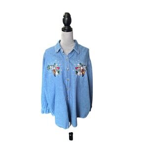 Vintage Bobbie Brooks Woman Denim Shirt 22W/24W Embroidered‎ Snowman Holiday